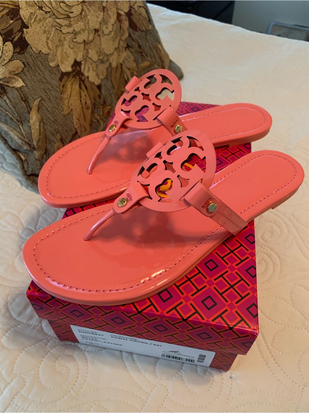 NWOT -BRAND NEW TORY BURCH “MILLER” PATENT LEATHER CORAL CRUSH  SANDALS SIZE 11